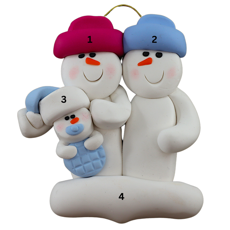 Family ornament with 2 large and 1 infant snowman in blue, numbered 1-4 for personalization.