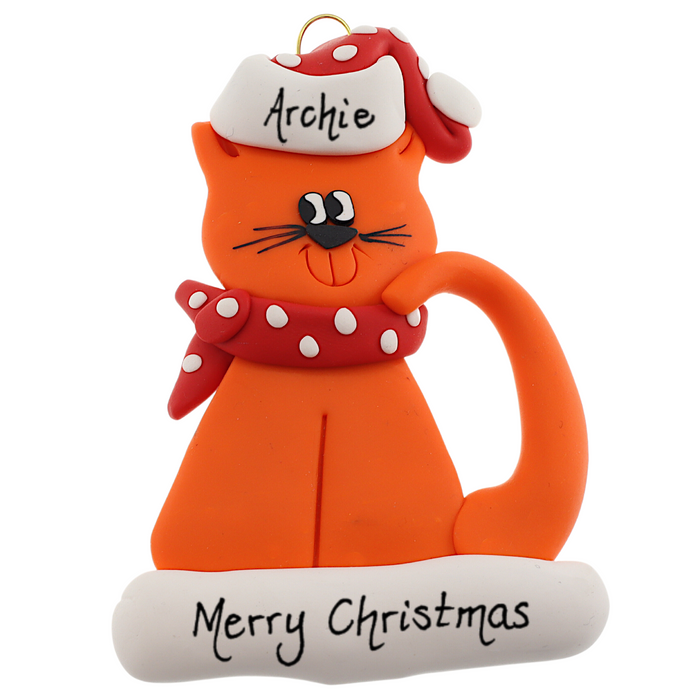 Cat with Polka Dot Scarf Ornament - Orange