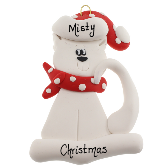 Cat with Polka Dot Scarf Ornament - White