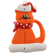 Ornament of orange cat in red and white polka dot Christmas hat and scarf, numbered 1-2 for personalization.
