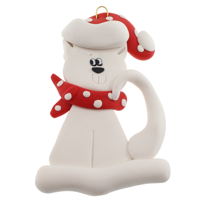 Cat with Polka Dot Scarf Ornament - White