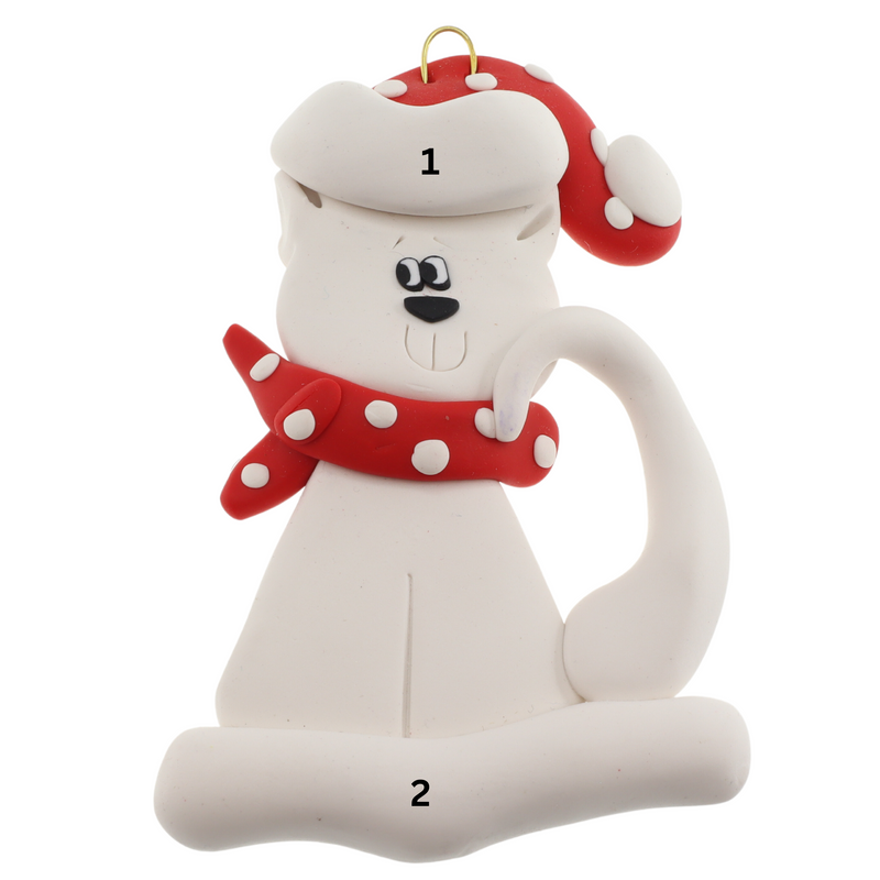 Ornament of white cat in red and white polka dot Christmas hat and scarf, numbered 1-2 for personalization.