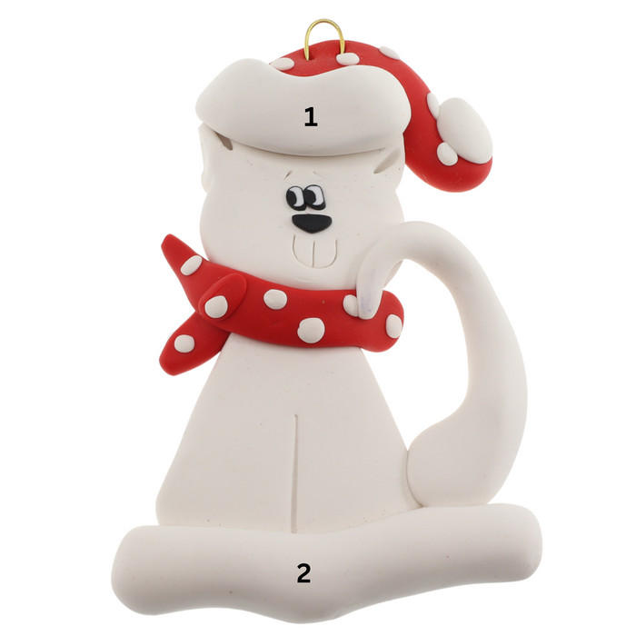 Cat with Polka Dot Scarf Ornament - White