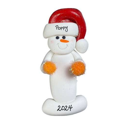 Ornament of white snowman in red hat holding orange cheerleader pom-poms, personalized with name.