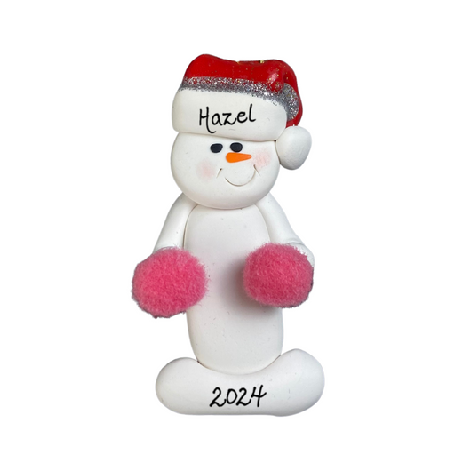 Ornament of white snowman in red hat holding pink cheerleader pom-poms, personalized with name.