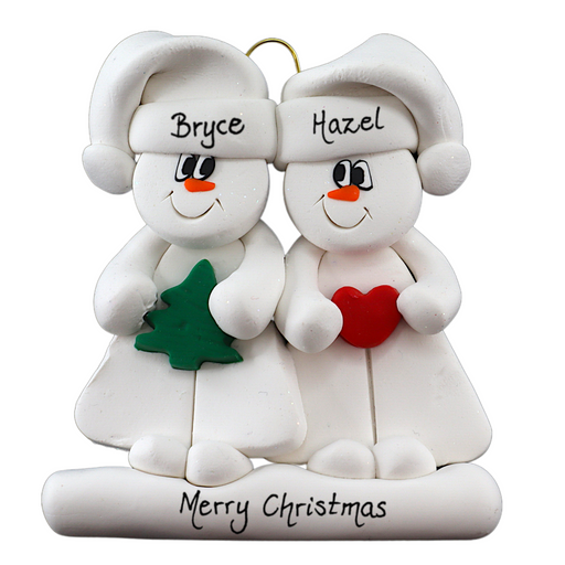 Family ornament with 2 white snowmen in hats, holding holiday objects, personalized with names.
