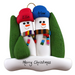 Family ornament with 2 snowmen in colourful scarves, hemmed by Christmas trees, personalized with names.