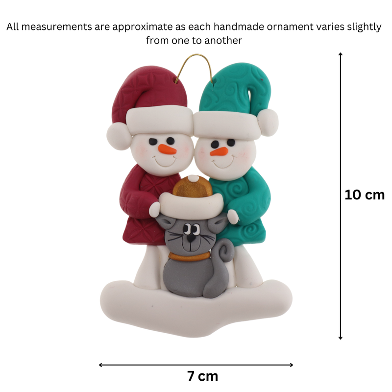 Snowman Couple with Grey Cat Christmas Ornament