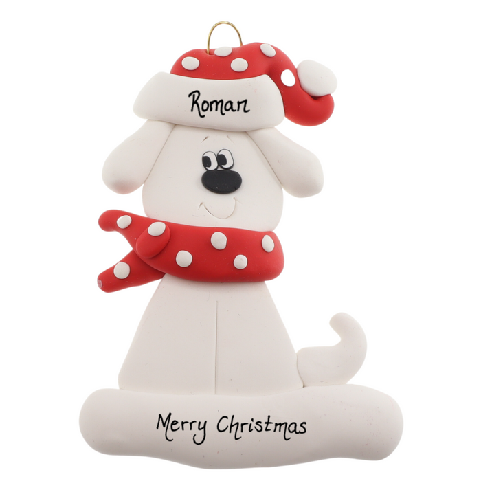 Dog with Polka Dot Scarf Ornament - White