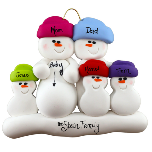 Family ornament with 5 snowmen in bright hats, one pregnant, personalized with names.