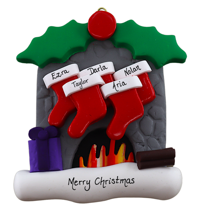 Fireplace Family of 5 Christmas Ornament