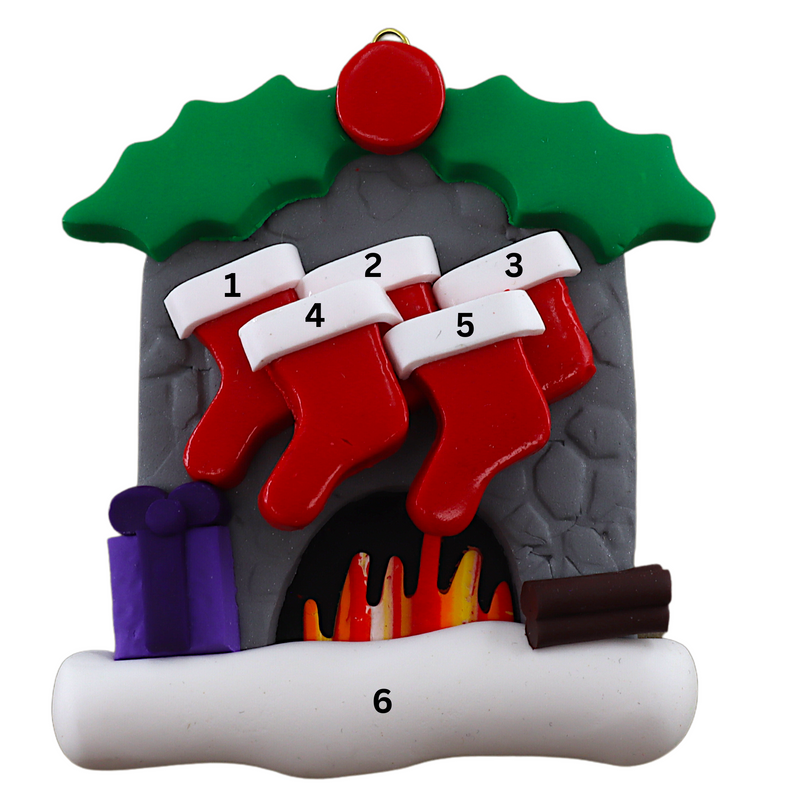 Vibrant fireplace ornament with holly and Christmas presents, displaying 5 red stockings, numbered 1-6 for personalization.