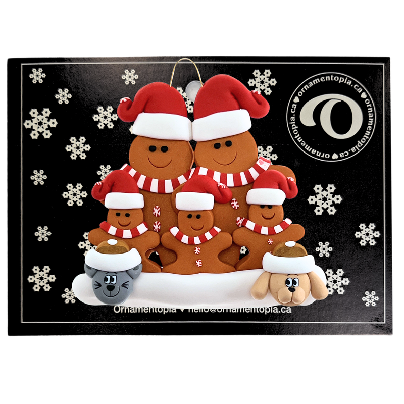 Gingerbread Family of 5 with 2 Pets Christmas Ornament