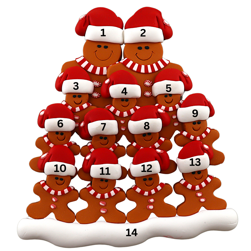 Family ornament with 13 brown gingerbread figures in red Christmas hats, numbered 1-14 for personalization.