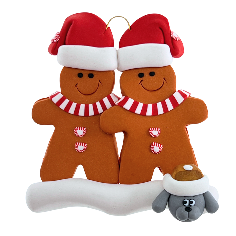 Gingerbread Family of 2 with 1 Pet Christmas Ornament