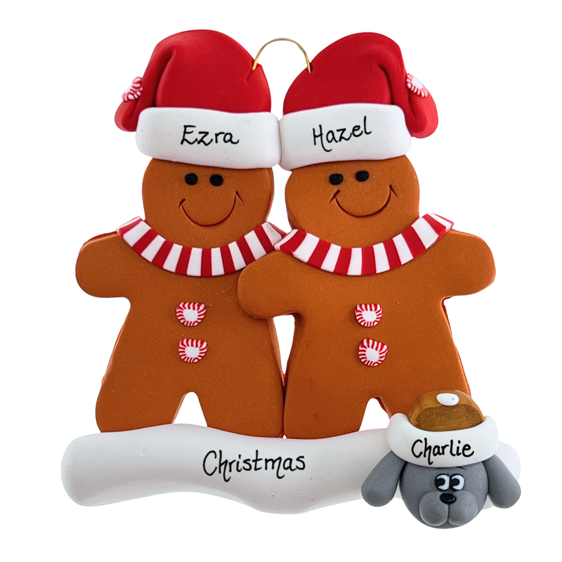 Gingerbread Family of 2 with 1 Pet Christmas Ornament