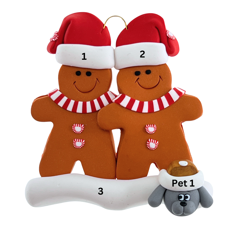 Gingerbread Family of 2 with 1 Pet Christmas Ornament