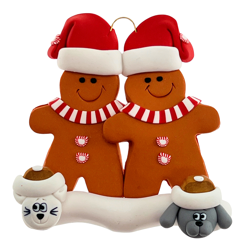 Gingerbread Family of 2 with 2 Pets Christmas Ornament
