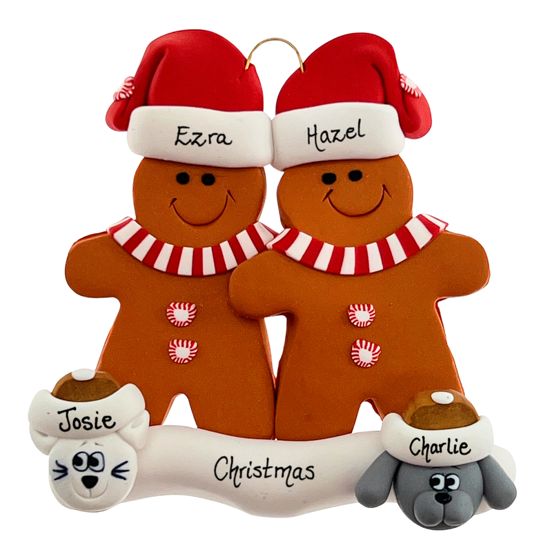 Gingerbread Family of 2 with 2 Pets Christmas Ornament