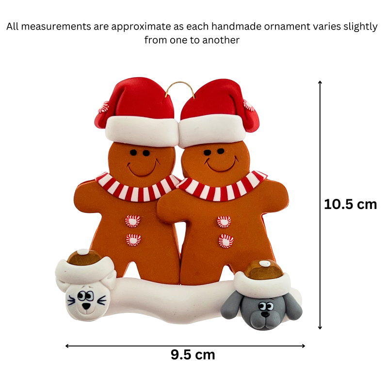 Gingerbread Family of 2 with 2 Pets Christmas Ornament