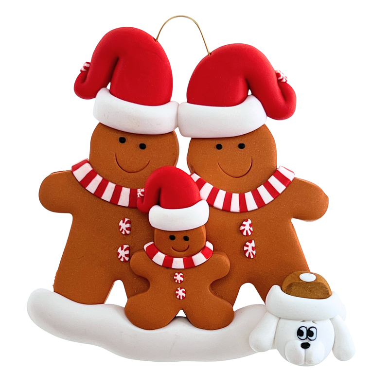 Gingerbread Family of 3 with 1 Pet Christmas Ornament