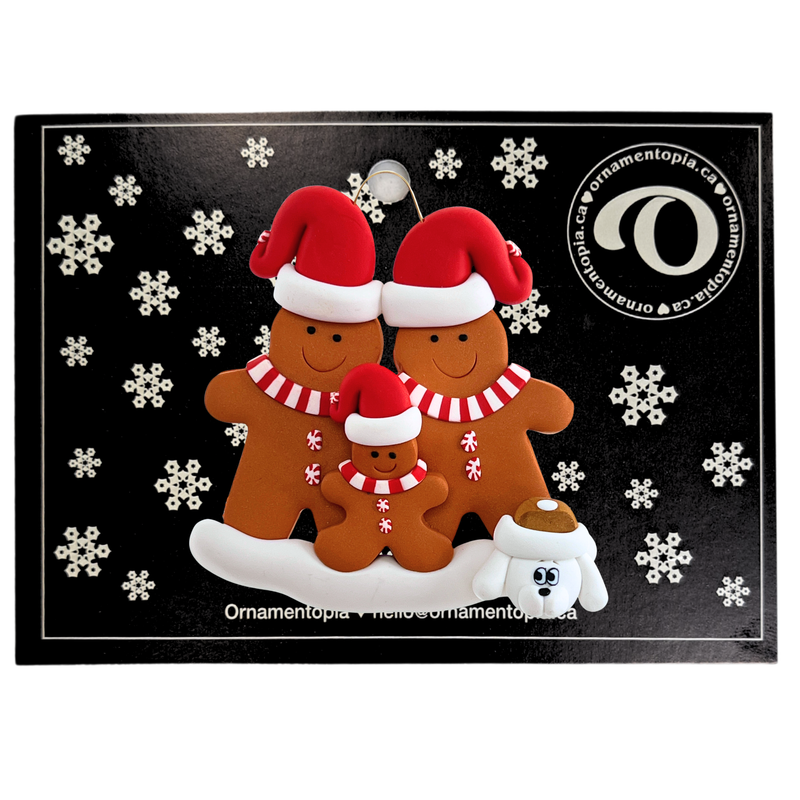 Gingerbread Family of 3 with 1 Pet Christmas Ornament
