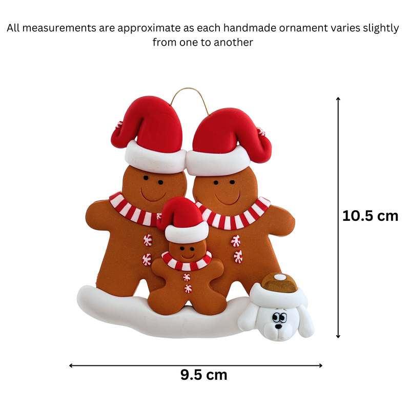Gingerbread Family of 3 with 1 Pet Christmas Ornament