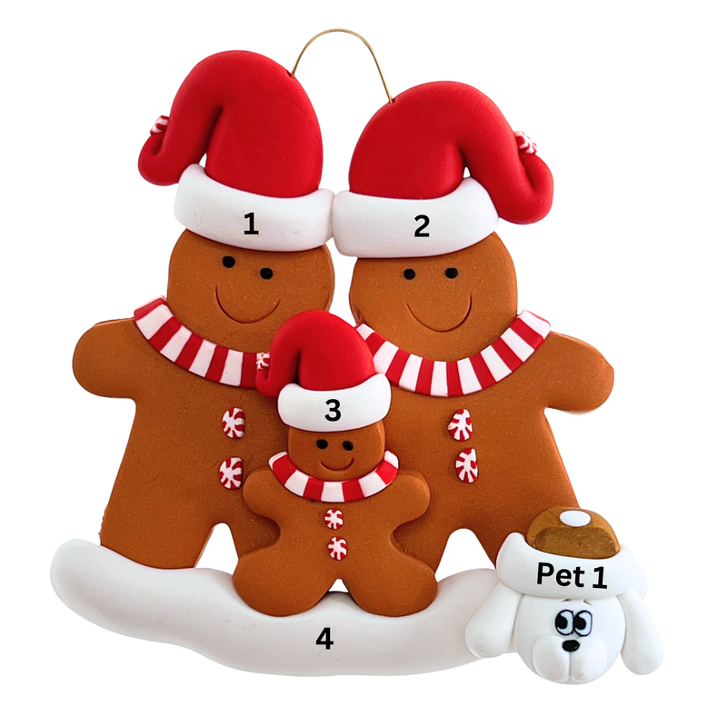 Gingerbread Family of 3 with 1 Pet Christmas Ornament