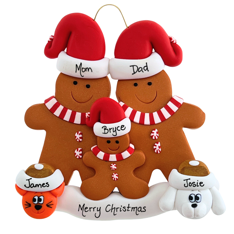 Gingerbread Family of 3 with 2 Pets Christmas Ornament
