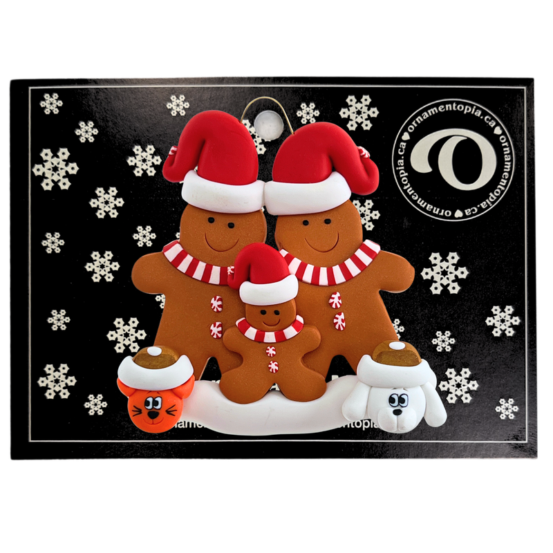 Gingerbread Family of 3 with 2 Pets Christmas Ornament