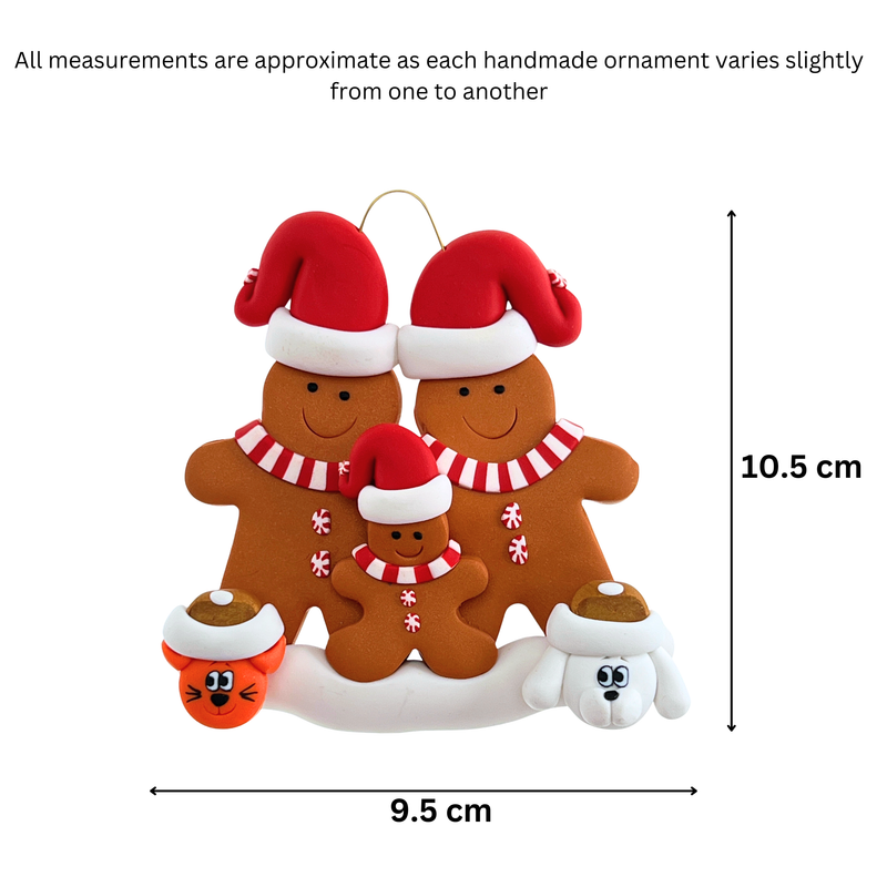 Gingerbread Family of 3 with 2 Pets Christmas Ornament