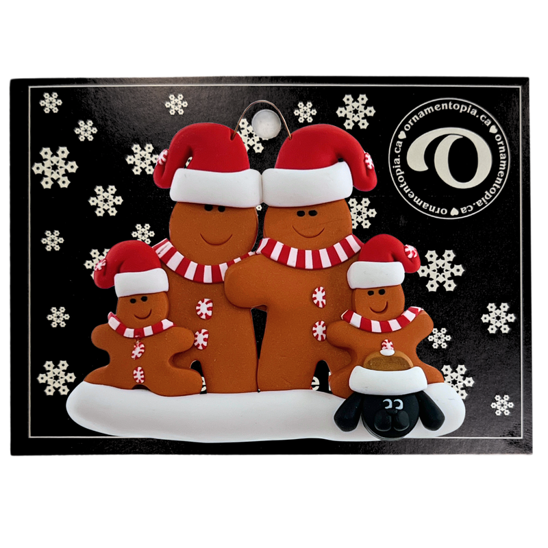Gingerbread Family of 4 with 1 Pet Christmas Ornament