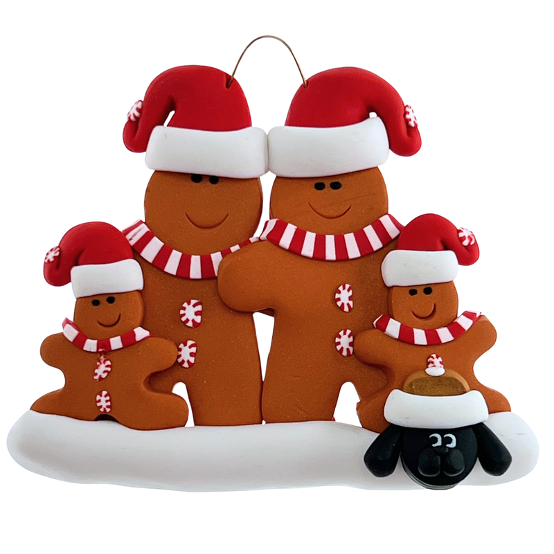 Gingerbread Family of 4 with 1 Pet Christmas Ornament