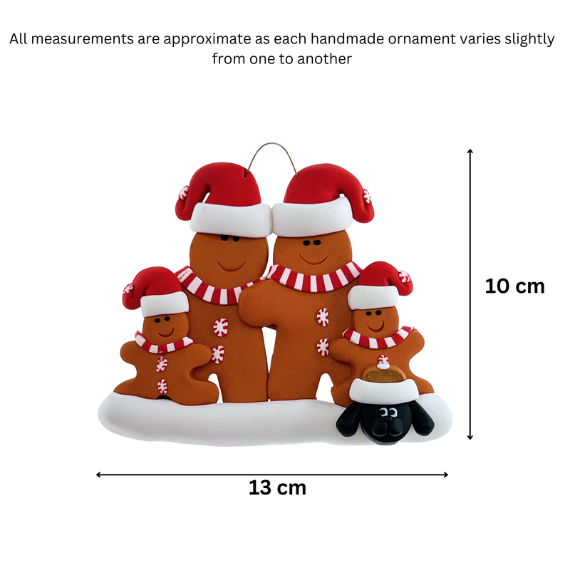 Gingerbread Family of 4 with 1 Pet Christmas Ornament