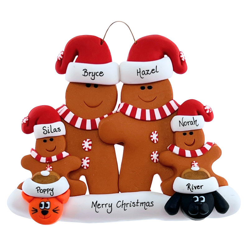 Gingerbread Family of 4 with 2 Pets Christmas Ornament