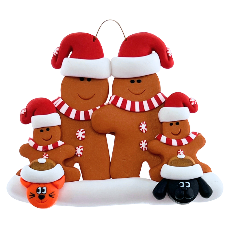 Gingerbread Family of 4 with 2 Pets Christmas Ornament