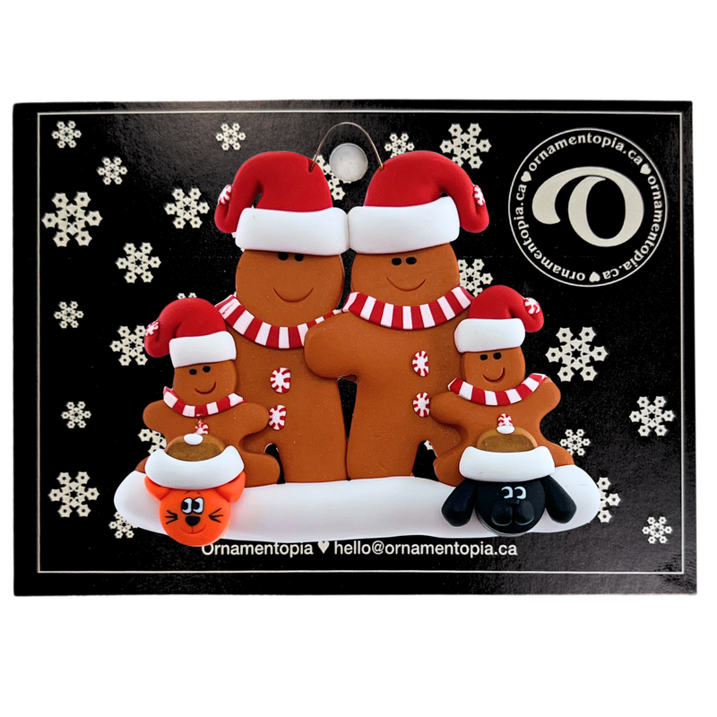 Gingerbread Family of 4 with 2 Pets Christmas Ornament