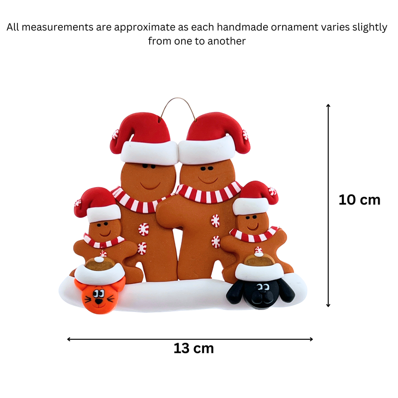 Gingerbread Family of 4 with 2 Pets Christmas Ornament