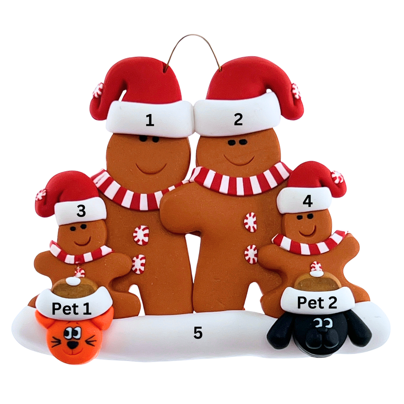 Gingerbread Family of 4 with 2 Pets Christmas Ornament