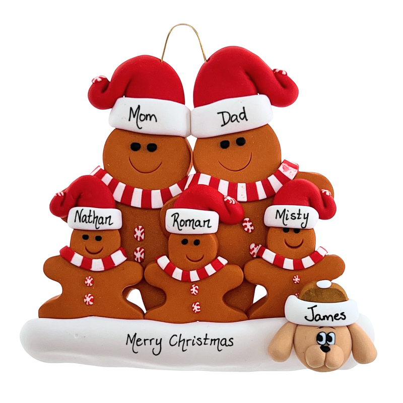 Gingerbread Family of 5 with 1 Pet Christmas Ornament