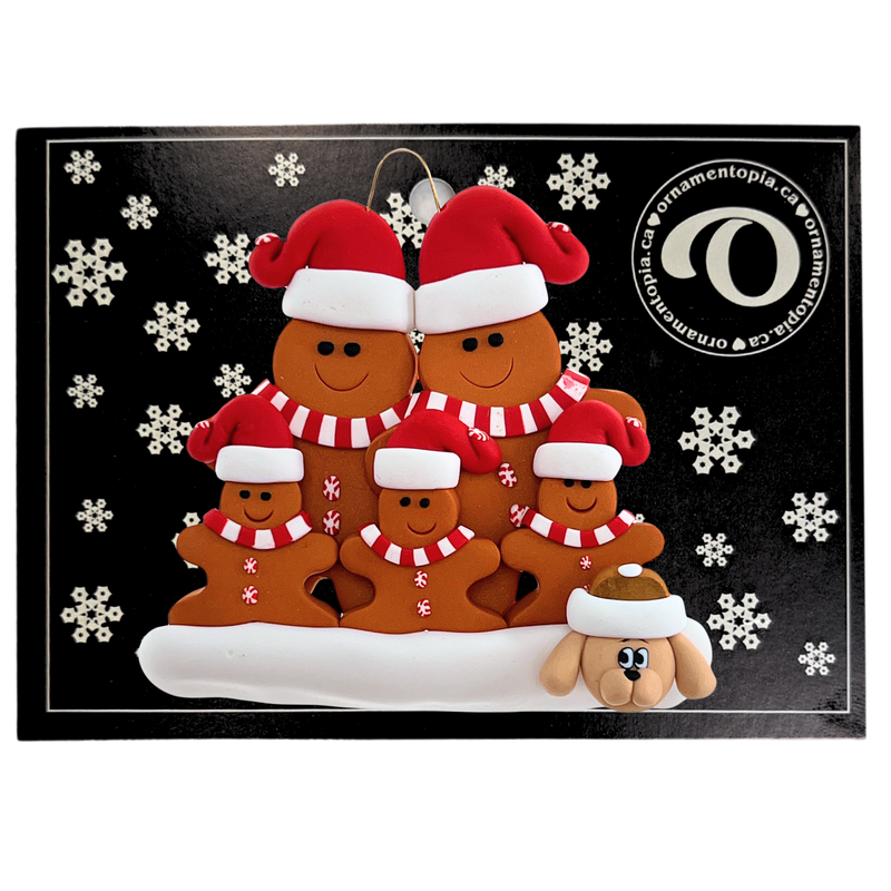 Gingerbread Family of 5 with 1 Pet Christmas Ornament