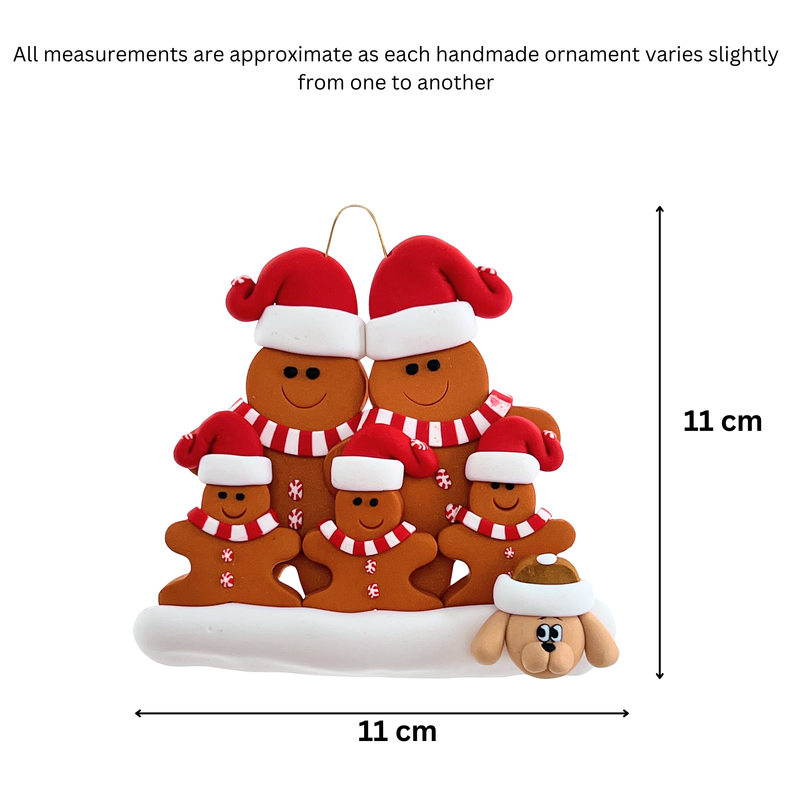 Gingerbread Family of 5 with 1 Pet Christmas Ornament