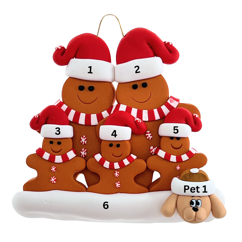 Gingerbread Family of 5 with 1 Pet Christmas Ornament