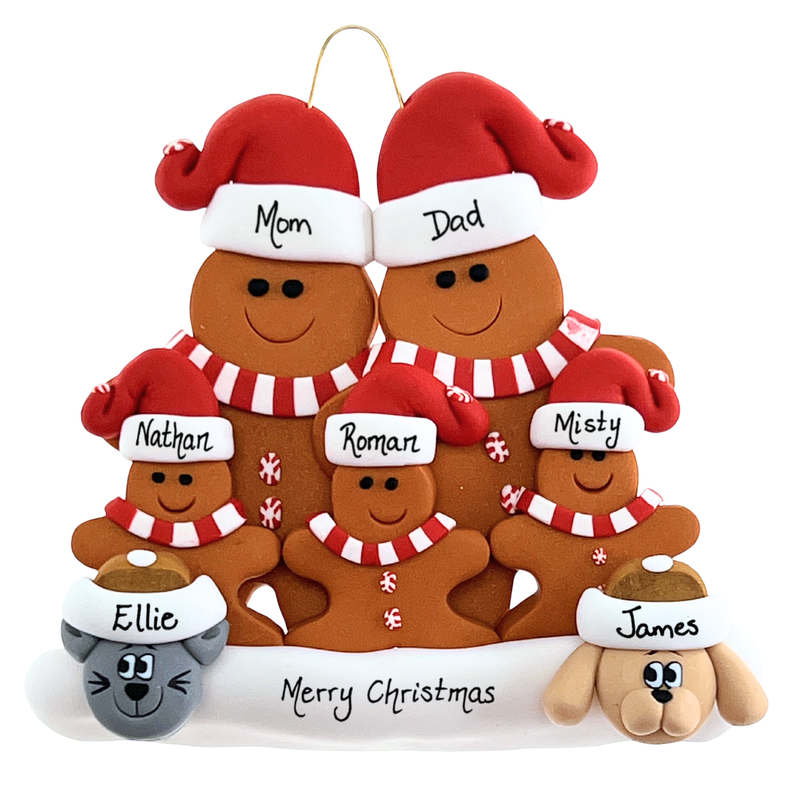 Gingerbread Family of 5 with 2 Pets Christmas Ornament