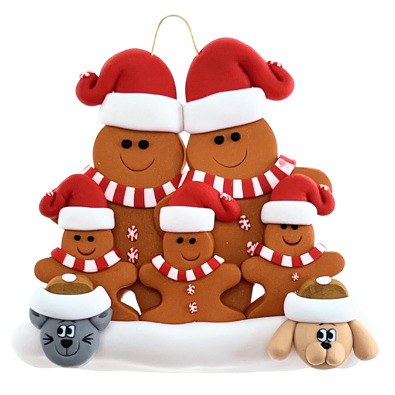 Gingerbread Family of 5 with 2 Pets Christmas Ornament