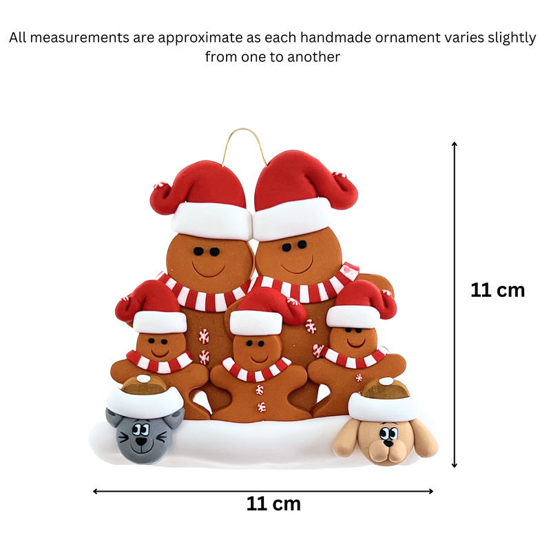 Gingerbread Family of 5 with 2 Pets Christmas Ornament