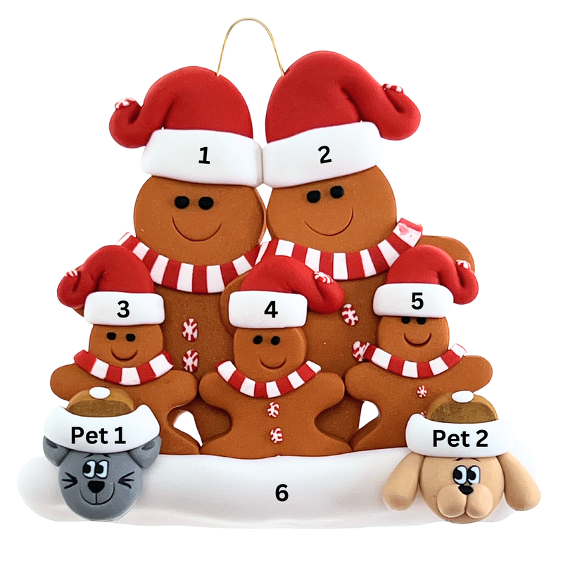 Gingerbread Family of 5 with 2 Pets Christmas Ornament