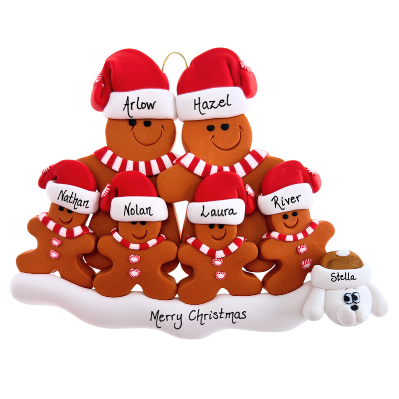 Gingerbread Family of 6 with 1 Pet Christmas Ornament