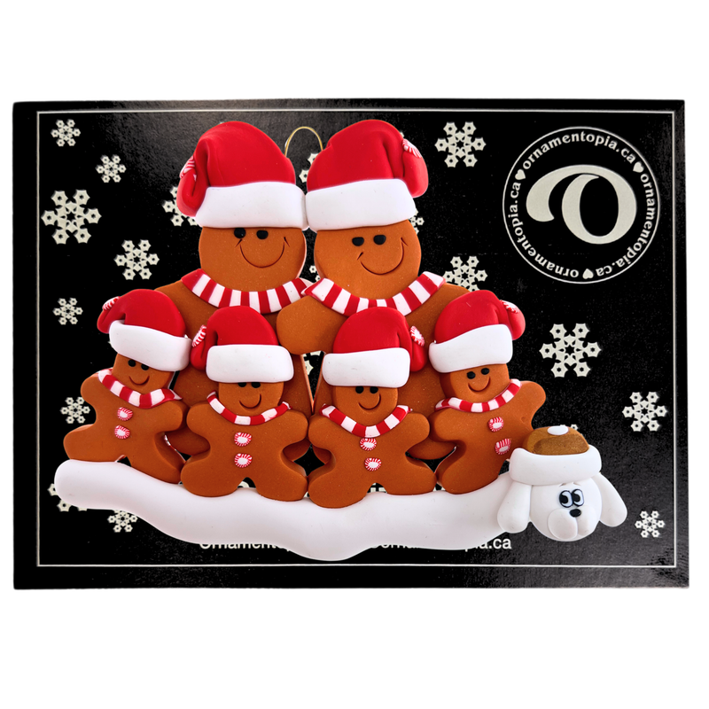 Gingerbread Family of 6 with 1 Pet Christmas Ornament