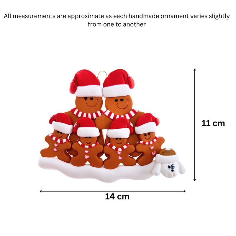 Gingerbread Family of 6 with 1 Pet Christmas Ornament